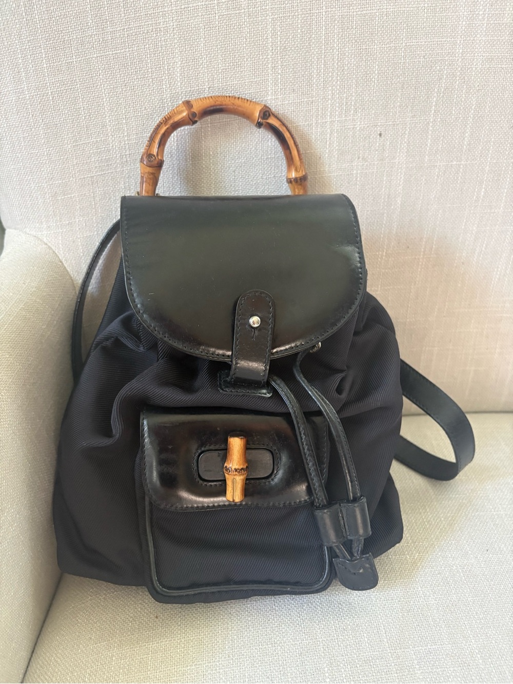 Gucci Black Nylon Backpack with Bamboo Handle